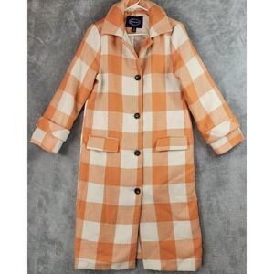 Scoop Coat Womens XS Orange Plaid Long Single Breasted Lined Pockets Overcoat
